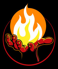 Fire in the hand, hand with fire burn vector logo image.