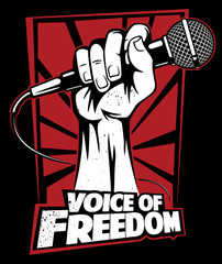 Microphone in a hand, hand holding a microphone in a fist, vector logo or poster design concept.