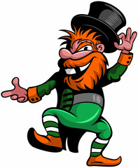 St. Patrick Day funny cartoon character. Dancing leprechaun with cylinder hat and green clothes, isolated on white background. Vector cartoon character.