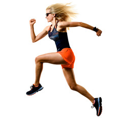 one caucasian beautiful long blond hair woman runner jogger jogging running studio shot isolated on...