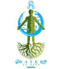 Vector graphic illustration of muscular human, individual created with tree roots and surrounded by a water ball. Human water reserves metaphor.