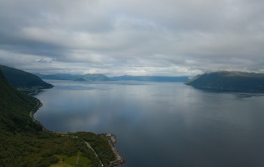 Aerial(drone) view on mountains and Vartdalsfjord in july 2019, Norway