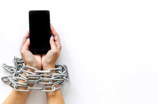 Phone Security System With Mobile In Hands And Chain On White Background Top View Mock Up