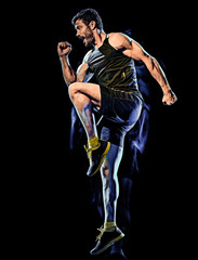 Fototapeta na wymiar one caucasian player man exercising fitness cardio boxing exercise body combat studio shot isolated on black background with light painting blur effect