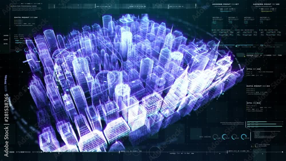 Poster Futuristic head up display holographic city digitally generated image virtual reality matrix particles in cyber space background environment