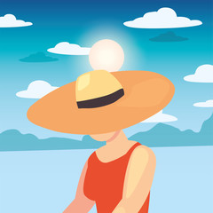 beautiful woman with swimsuit and hat summer time