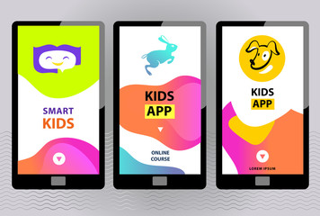 Smart kids online education app logo concept illustration. Three touching screen smartphone for Template App Development Landing Front page mobile website. Easy customize and edit. Vector.
