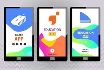 Smart online education app logo concept. Three touching screen smartphone for Template App Development Landing Front page mobile website. Easy customize and edit. Vector illustration