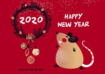 Template image for Happy new year party with rat, mice on red background. Lunar horoscope sign mouse. Chinese Happy new year 2020. Funny sketch mouse with long tail. Vector illustration
