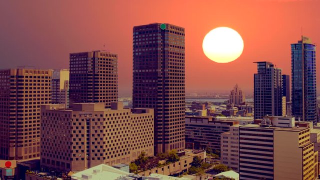 Zoom in Time lapse of sunrise of Montreal downtown with cars moving shot from Louis Boheme building, Logo Removed