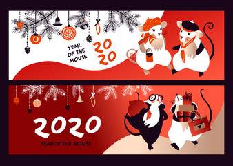 Chinese Happy new year 2020. Template card for Happy new year party with white rat, mice. Lunar horoscope sign. Funny sketch mouse with long tail. Vector illustration