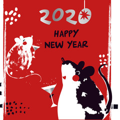 Chinese Happy new year 2020. Template card for Happy new year party with white rat, mice. Lunar horoscope sign mouse. Funny sketch mouse with long tail. Vector illustration