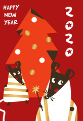 2020 Happy new year party postcard, poster with rat, mice. Lunar horoscope sign mouse.  Silhouette funny grunge sketch mouse with fir-tree with abstract garland toy. Chinese Happy new year 2020