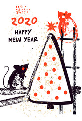 2020 Happy new year party postcard, poster with rat, mice. Lunar horoscope sign mouse.  Silhouette funny grunge sketch mouse with white fir-tree with abstract garland toy. Chinese Happy new year 2020