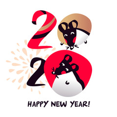 Chinese Happy new year 2020. Template card for Happy new year party with rat, mice. Lunar horoscope sign. Funny sketch mouse. Vector illustration