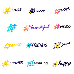 Hashtag icon with text for social network, internet application. Set freehand drawn symbol template. Hashtag isolated on white background. Fun logo