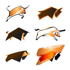 Bull silhouette. Ox. Vector template image isolated on white background. Different style set sketch illustration.