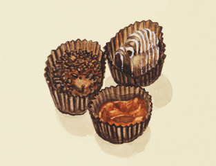 手描き　3つのチョコレート　水彩画