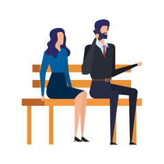 business couple calling with cellphone in the park chair