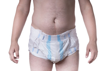 A man with a scar on his stomach wears an adult diaper isolated on white..Medical diapers for people with digestion problems after surgery, trauma or incontinence.