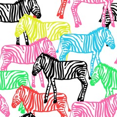 Fototapeta na wymiar All over seamless repeat pattern with colorful and black and white baby zebras overlapping