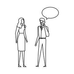 business couple calling with cellphone and speech bubbles