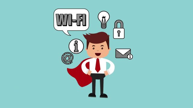 businessman hero with ecommerce technology animation