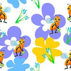 Vector seamless floral pattern with cartoon joyful bee for textile design, kids clothes, wrapping paper.
