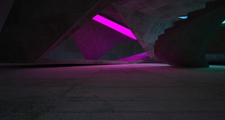 Abstract architectural concrete interior of a minimalist house with color gradient neon lighting. 3D illustration and rendering.