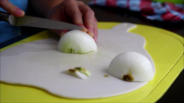 Steady video shot of a person’s hand chopping onion