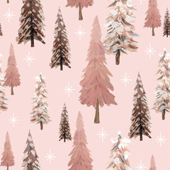 Sparkling winter forest seamless pattern with snowflakes and trees in shades of pink, ivory and brown. Vintage, natural look, great for Christmas and winter holiday cards, paper items and textiles.