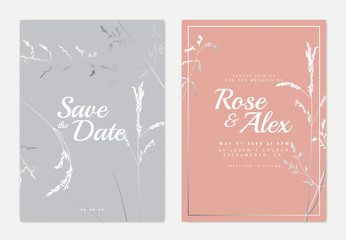 Botanical wedding invitation card template design, silver silhouette grass flowers on grey and pink