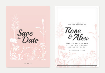 Botanical wedding invitation card template design, white and pink silhouette grass flowers on pink and white