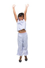 Portrait of Black asian child jumping isolated on white .