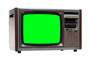 Vintage TV : old retro TV with green screen isolated on white .
