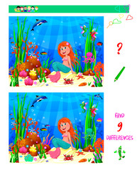 Little mermaid task to find the difference. Little Mermaid underwater among sea creatures and underwater plants. The challenge for children is to find nine differences