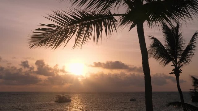 Tropical sunrise. Silhouette of coconut palm trees with seashore background. Boats floating in the sea. Summer vacations. Travel destinations