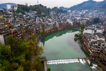 Peaceful aerial view of Fenghuang ancient town in China