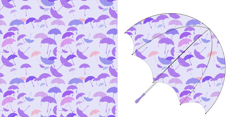 Vector seamless print for umbrella design. Silhouettes of multi-colored umbrellas in pastel colors arranged in a chaotic manner