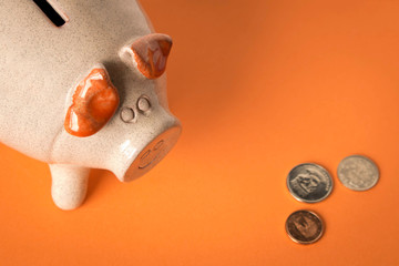 Piggy Bank and a few coins on the orange background. Close up. The concept of saving money. Selective focus.