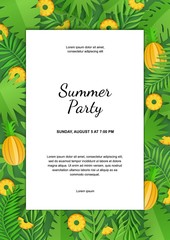 Paper cut white sheet with heavy foliage and citrus pineapple. Green jungle leaves and slice fruit frame. Vector card illustration with place for advertising text, party invitation, announcements.