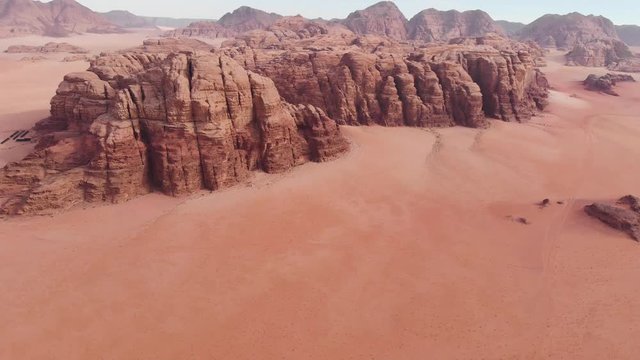 Aerial drone footage in Wadi Rum Desert, Jordan