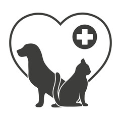 dog with a cat on the background of the heart and a medical cross.