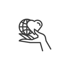 World heart care line icon. linear style sign for mobile concept and web design. Hand with globe and heart outline vector icon. Charity and donation symbol, logo illustration. Vector graphics