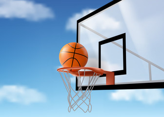 Basketball ball falling into ring hoop net at backboard on blue cloudy sky background, sport competition on stadium, design template for banner, tournament poster, Realistic 3d vector illustration