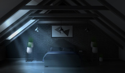 Night bedroom on attic, empty moonlight interior modern home mansard or hotel apartment on roof with brick wall, double king size bed, lamps, potted plants, luxury design Realistic vector illustration