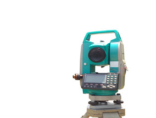 Green electronic theodolite on rihgt side on white background.