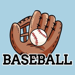 Hand drawn doodle of baseball glove holding a ball. Cartoon style drawing, for posters, decoration and print. Vector illustration