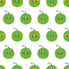 Vector seamless pattern background with cute and smiling green watermelon characters.