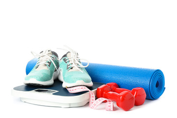 Healthy lifestyle accessories isolated on white background